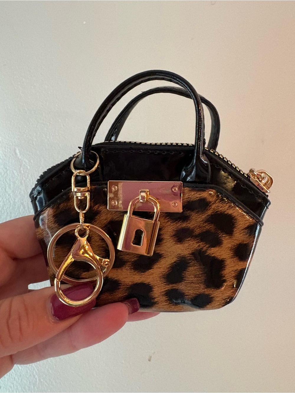 Leopard Print Mini Handbag Keychain with Gold Hardware